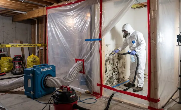A technician in PPE removing mold from a wall behind plastic containment